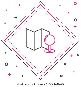 Line Folded Map mit Pin Icon auf weißem Hintergrund isoliert. Farbenfrohe Kontur. Vector Illustration