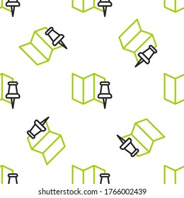 Line Folded map with push pin icon isolated seamless pattern on white background.  Vector Illustration