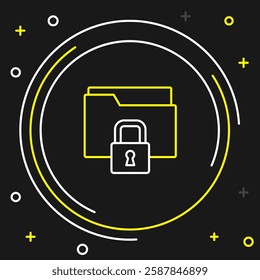 Line Folder and lock icon isolated on black background. Closed folder and padlock. Security, safety, protection concept. Colorful outline concept. Vector