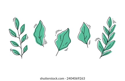 Fijación de hojas de follaje de línea. Conjunto verde botánico dibujado a mano. Ilustración del vector