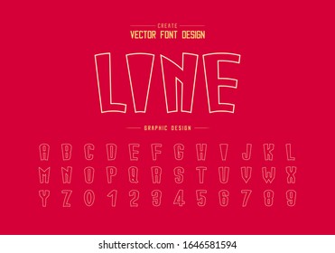 Line font and cartoon alphabet vector, Tall typeface letter and number design, Graphic text on red background