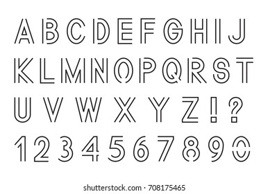 Line font, Latin alphabet letters with set of numbers 1, 2, 3, 4, 5, 6, 7, 8, 9, 0, outlined, black isolated on white background, vector illustration.