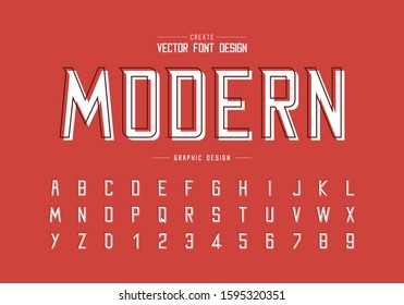 Linienschriftart mit weißem Schatten und Alphabetvektor, Modern Typeface und Buchstabennummerndesign, Grafiktext auf orangefarbenem Hintergrund