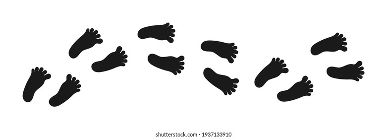 Line of foot black icon set. Foot trail. Bare human footprints track. Vector illustration.