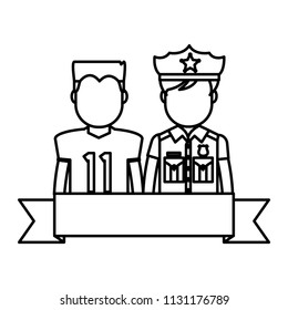 line football player with policeman officer and ribbon