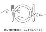 Line fork, knife and plate. Continuous one line drawing cutlery, cooking utensils. Hand drawn dishware for restaurant logo or menu cover in linear style art concept vector illustration.