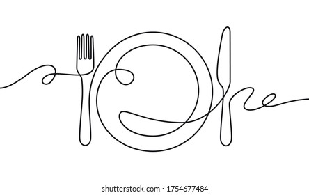 Line fork  knife   plate  Continuous one line drawing cutlery  cooking utensils  Hand drawn dishware for restaurant logo menu cover in linear style art concept vector illustration 