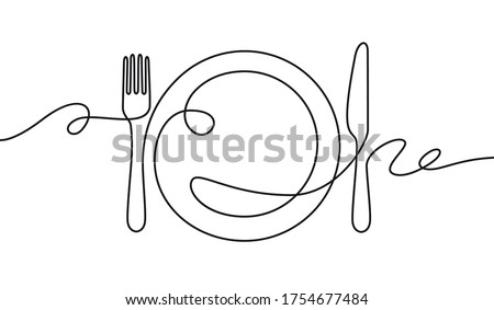 Line fork, knife and plate. Continuous one line drawing cutlery, cooking utensils. Hand drawn dishware for restaurant logo or menu cover in linear style art concept vector illustration. Stock photo © 