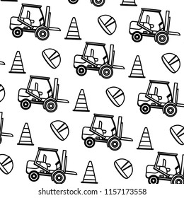 line forklift with traffic cone and helmet background