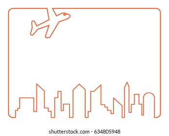 Line frame around the world travelling by plane in city country destination background. Flying above the earth. Concept vector illustration.
