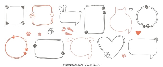 Line frame with cute pet doodle silhouettes and paw footprints design and copy space collection. Different shape and forms cat, dog, bunny and animal traces outline borders vector illustration