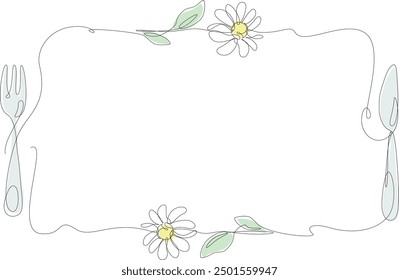 Line frame of fork and knife with flowers. Continuous one line drawing with color.