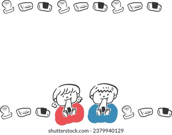  Line frame illustration of a boy and girl eating mochi and mochi