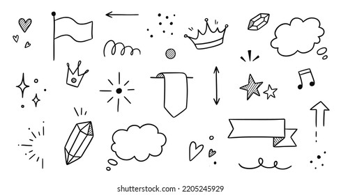 Line frame, sparkle, ribbon hand drawn doodle element set. Party, decoration star, heart element doodle sketch collection. Isolated vector illustration.