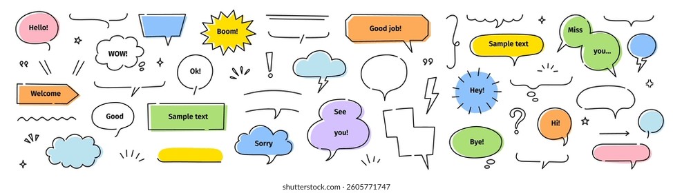 Line frame text speech bubble set. Line balloon frame design talk speech bubble frame. Comic japan style design conversation text dialog balloon, simple doodle thinking cloud. Vector illustration