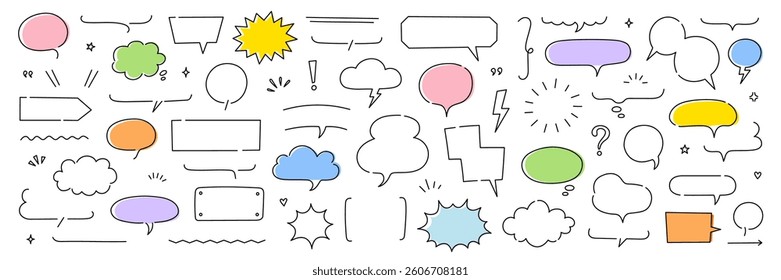 Line frame text speech bubble set. Line balloon frame design talk speech bubble frame. Comic japan style design conversation text dialog balloon, simple doodle thinking cloud. Vector illustration