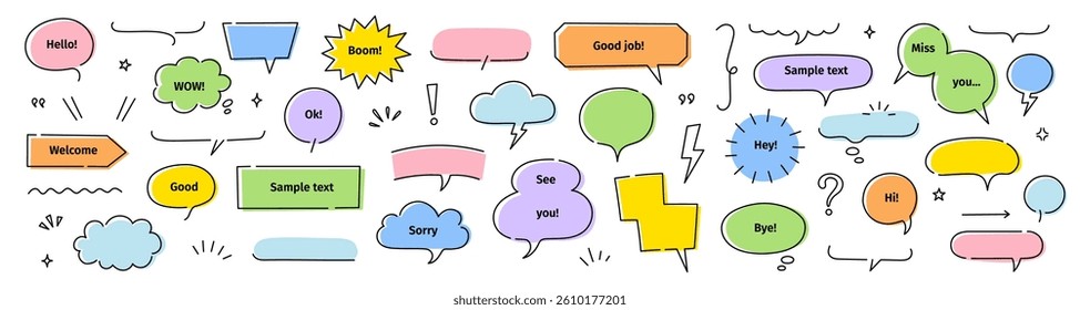Line frame text speech bubble set. Line balloon frame design talk speech bubble frame. Comic japan style design background text dialog balloon, simple doodle cloud, box border. Vector illustration