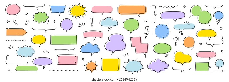 Line frame text speech bubble set. Line balloon frame design talk speech bubble frame. Comic japan style design conversation text dialog balloon, simple doodle thinking cloud. Vector illustration