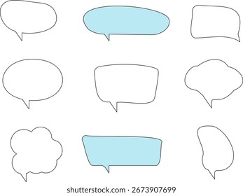 Line frame text speech bubble set. Line balloon design talk speech bubble frame. Text dialog balloon, simple doodle thinking cloud. Vector illustration