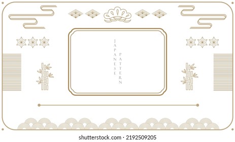 Line frame vector. Gold geometric template background in Japanese style. Bamboo and wave elements in vintage style.