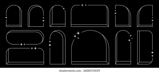 Line frames, arch windows with blinks, decorative graphic elements and backgrounds. Vector sticker set, print.