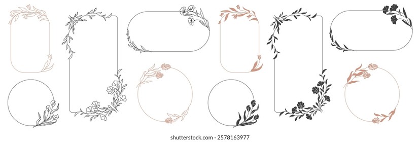 Line frames with flower bloom and leaves plant branches and stems silhouette isolated graphic set. Outline botany ornate design elements with copy space and floral pattern vector illustration