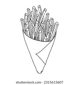 Line french fries illustration. Hand drawn potatoes in cone
