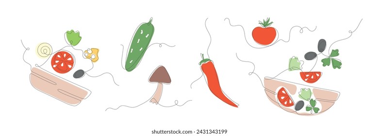 Line fresh vegetables. Colorful monoline vector illustrations for heathy menu, diet.