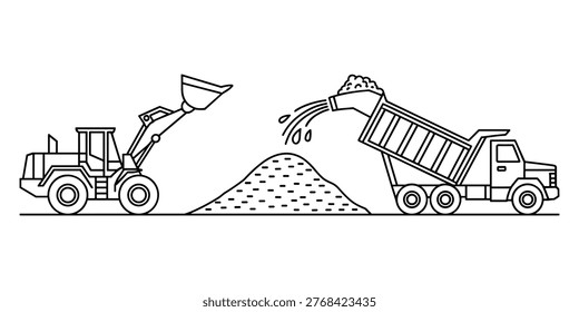 Line of a front loader scooping dirt next to a dump truck unloading gravel construction vehicle machinery in white background