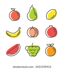 Line fruit set. Tropical outline fruits with colour. Linear style vector illustration isolated on white background.