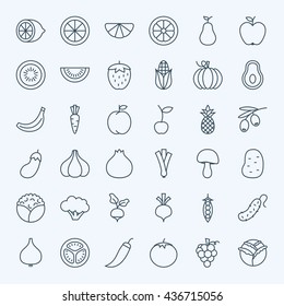Line Fruit Vegetable Icons Set. Vector Set of Modern Thin Outline Fresh Organic Vegan Food Items.