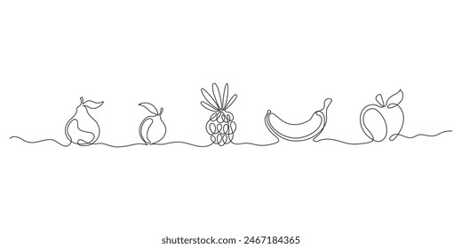 Line fruits on a white background. Continuous line echo pineapple banana, citrus fruit, pear and graphe, trends monoline healtii food. Vector fruits isolated set