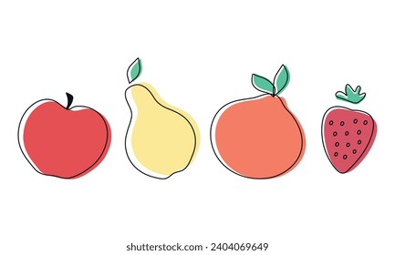 Line fruits set on white background. Apple, pear, orange and strawberry. Vector illustration