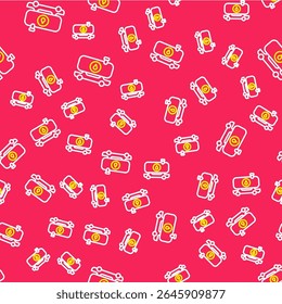 Line Fuel tanker truck icon isolated seamless pattern on red background. Gasoline tanker.  Vector
