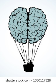 Line fun nervous logic organ rise trip ballon picture on white sky background. Outline black ink hand drawn nerve cortex brainy system logo emblem pictogram in doodle art retro cartoon abstract style