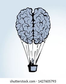Line fun nervous logic organ rise trip ballon picture on white sky background. Outline black ink hand drawn nerve cortex brainy system logo emblem pictogram in doodle art retro cartoon abstract style