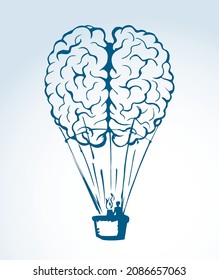 Line fun nervous logic organ rise trip ballon picture on white sky background. Outline black ink hand drawn nerve cortex brainy system logo emblem pictogram in doodle art retro cartoon abstract style