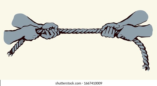 Line fun power partner work cord drag win play on white text space. Outline black drawn strong group string team game action idea problem logo icon sign sketch in retro art cartoon style. Closeup view