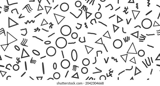 Line Fun Textile Pattern. 1980s Geometric Style. Line Seamless Doodle. Line Seamless Circle. Fun Fashion Element. Fabric Dash Triangle. Funky Decorative Wallpaper Cloth. Vector Set Scribble Background