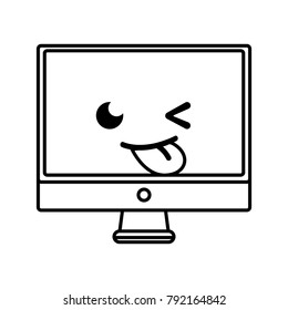 line funny computer screen kawaii cartoon