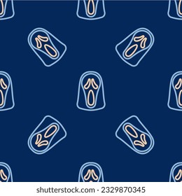 Line Funny and scary ghost mask for Halloween icon isolated seamless pattern on blue background. Happy Halloween party.  Vector