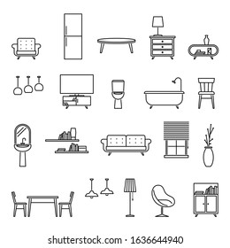 Line furniture. Armchair, sofa and tv. Couch, kitchen table and fridge, chandeliers. Bathtub and toilet bowl home living room vector outlines simple icons