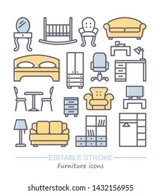 Line furniture icons set. Vector illustration with editable stroke