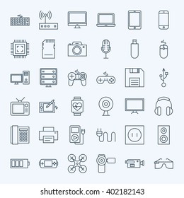 Line Gadgets and Devices Icons Set. Vector Set of Modern Thin Outline Technology and Electronic Items.