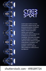 Line of game players sitting at the desk in front of computer. Top view. Cyber sport concept. Vector endless border