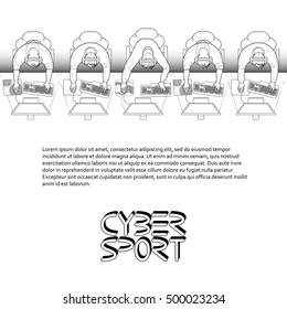 Line of game players sitting at the desk in front of computer. Top view. Cyber sport concept. Vector endless border. Coloring book page design for adults and kids.