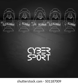 Line of game players sitting at the desk in front of computer. Top view. Cyber sport concept. Vector endless border
