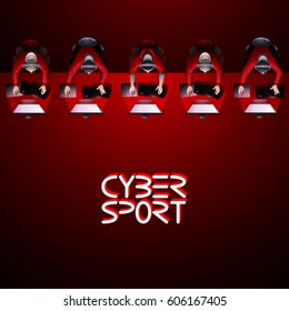 Line of game players sitting at the desk in front of computer. Top view. Cyber sport concept. Vector endless border