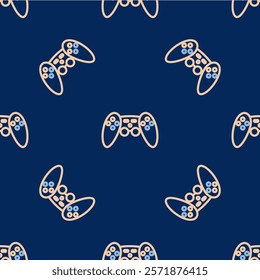 Line Gamepad icon isolated seamless pattern on blue background. Game controller.  Vector