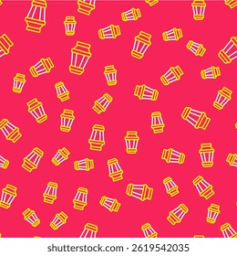Line Garden light lamp icon isolated seamless pattern on red background. Solar powered lamp. Lantern. Street lamp.  Vector